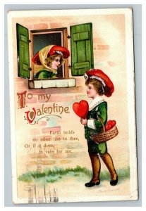 Vintage 1911 Ellen Clapsaddle Valentines Postcard Boy Brings Heart to Cute Girl