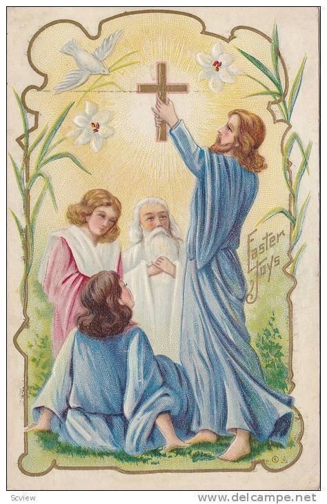 Easter Joys, Jesus holding cross and disciples, Dove with blade of grass, om ...