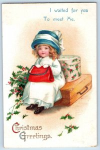 Christmas Postcard Greetings Little Girl Berries Luggage Clapsaddle Embossed