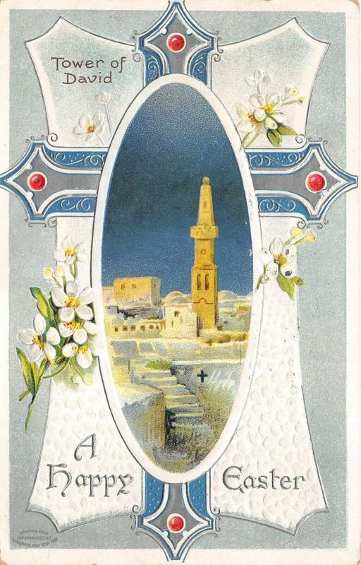 EASTER GREETINGS 1912 Embossed Postcard Tower of David Cross by Birn Bros