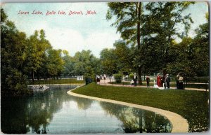 View of Swan Lake, Belle Isle Detroit MI Vintage Postcard E74