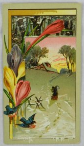 Woman in Deep Winter Snow Close to Cabin, Blue Birds Flying - Trade Card