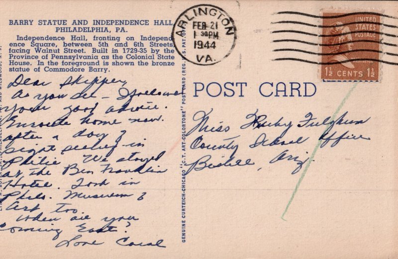Barry Statue and Independence Hall, Philadelphia, Pa.  PC