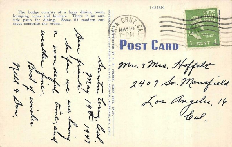 CA, California  BIG BASIN LODGE~Redwoods State Park  ROADSIDE  c1940's Postcard