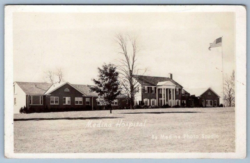 1940's ERA RPPC MEDINA OHIO NEW HOSPITAL*AMERICAN FLAG*AKRON ROAD RT 18