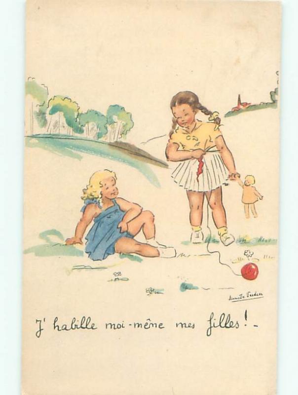 foreign Old Postcard signed FRENCH GIRL WITH DOLL TALKS TO OTHER GIRL AC2942