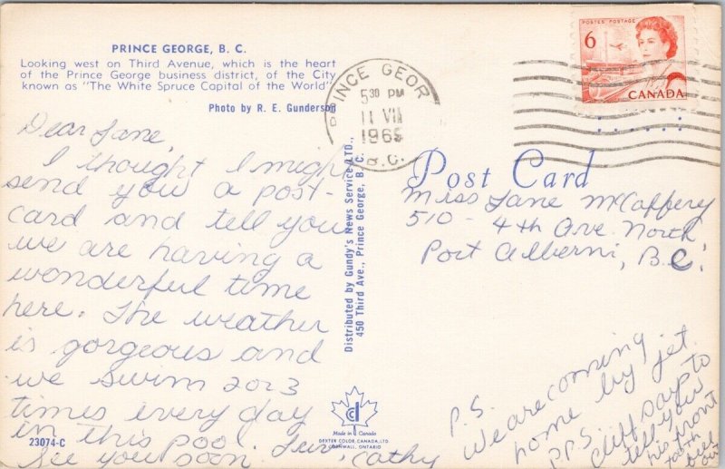Prince George BC Third Avenue 1960s Vintage Postcard H25 