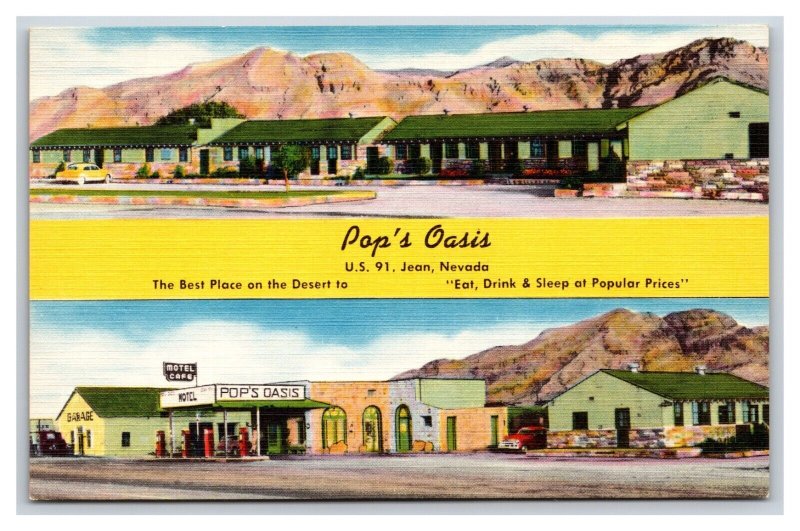 Dual View Pop's Oasis Motel Restaurant Jean Nevada NV UNP Linen Postcard V4