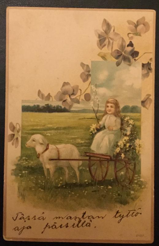 Postcard Unused Little Girl Sheep Carriage Flowers writing on front/back LB