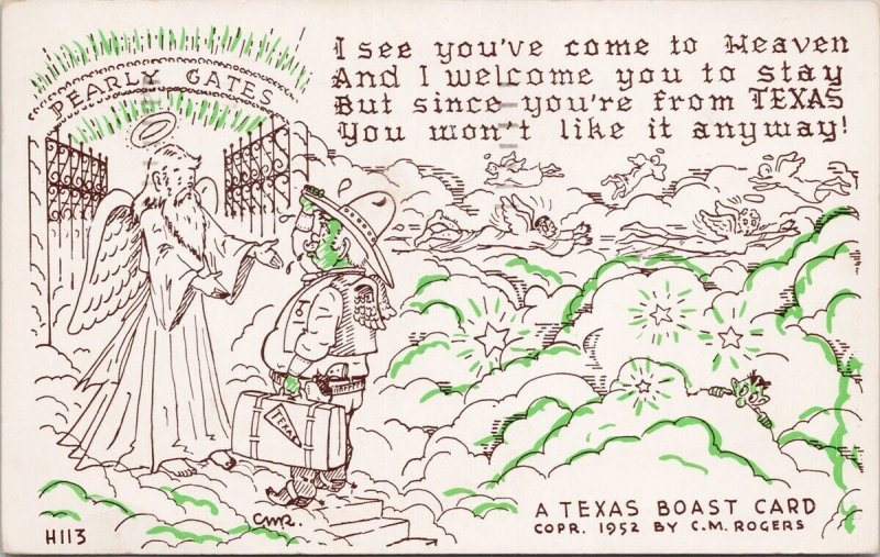 Texan at Pearly Gates Heaven Comic CM Rogers Texas Boast Card Postcard H46