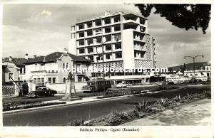 ecuador, QUITO, Edificio Philips, Car Bus (1964) RPPC, Red Cancel