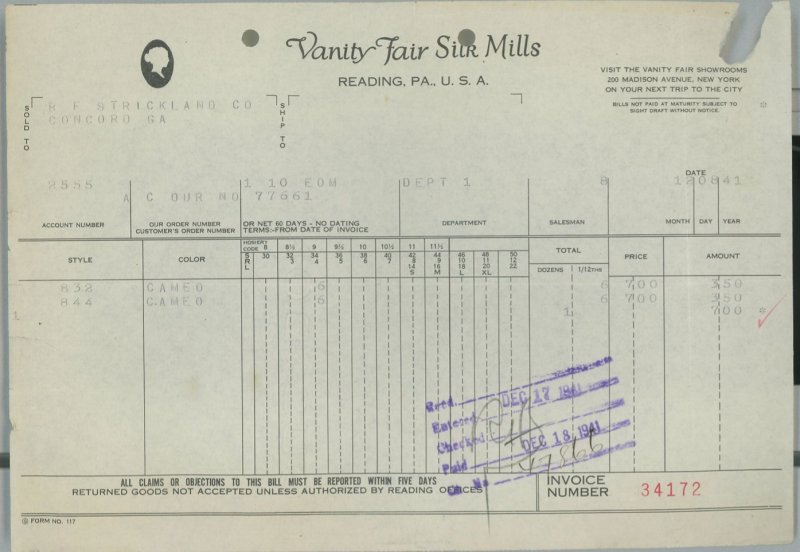 1941 Vanity Fair Silk Mills Reading PA Invoice R.F. Strickland Co. Concord GA154 