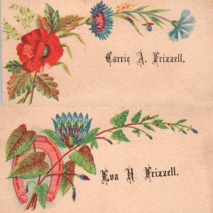 x2 LOT c1880s Frizzell Calling Cards Names Litho Flower Art Die Cut Trade C51