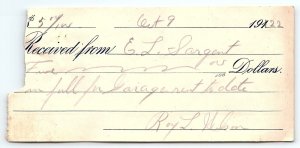 1922 CAMPELLO MASS RENT RECEIPT E.L. SARGENT ROY L WILSON Z1082