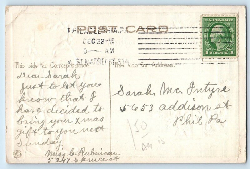 1915 Christmas Greeting Santa Claus Children Holly Berries Antique Postcard