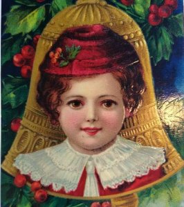 Victorian Christmas Postcard Girl Bell Ornament Series 1480 Germany 1909 Antique