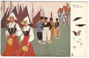 Raphael Tuck Dutch Natives Oilette Two Girls & Some Men Butterflies Postcard