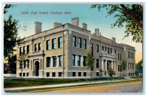 1912 High School Building Exterior Roadside Hastings Nebraska NE Trees Postcard