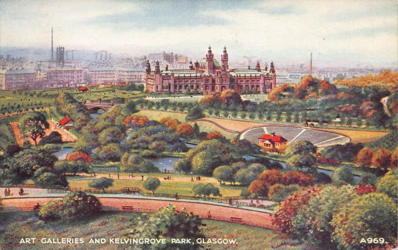 Art Galleries & Kelvingrove Park, Glasgow, Scotland, Early Postcard, Unused