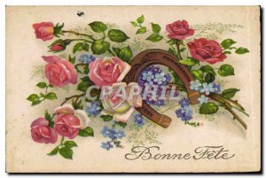 Old Postcard Bonne Fete Flowers Horseshoe