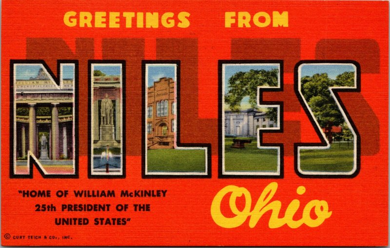 Vtg 1950's Greetings From Niles Ohio OH Large Letter Linen Postcard