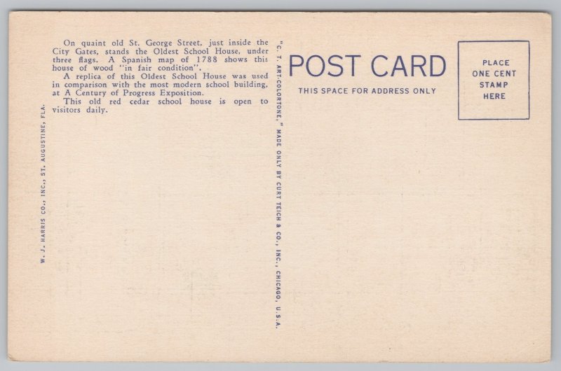 St Augustine Florida~Oldest School House~Bell~Linen Vintage Postcard