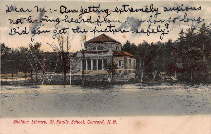 Sheldon Library, St. Paul's School, Concord, N.H., early postcard, Used in 1908