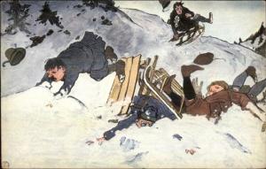 Sledding Crash Comic P&CM Series 110 Winter Sports Humor Postcard c1910