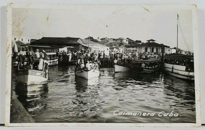 RPPC Caimanera Cuba Boats, Cigars, Men US Sailor Vintage Real Photo Postcard L4 