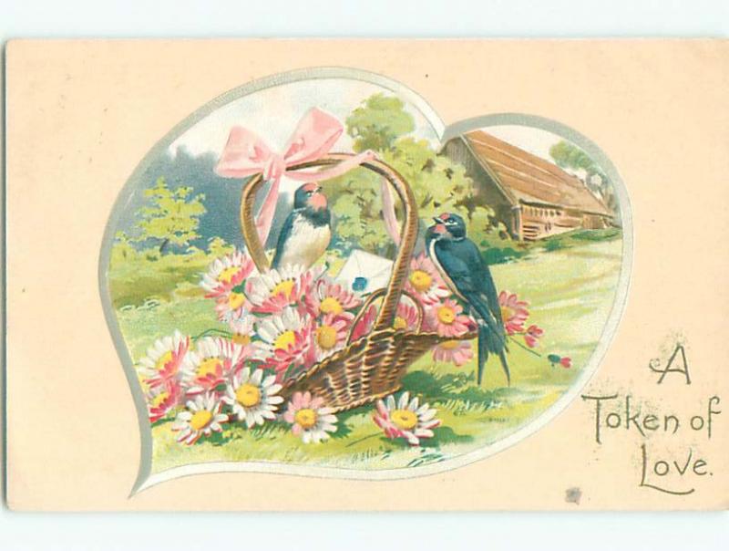 Pre-Linen valentine BLUE BIRDS SIT ON WICKER BASKET OF DAISY FLOWERS k5734