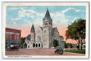 1922 Central Church Cars Street View Galesburg Mason City Illinois IL Postcard