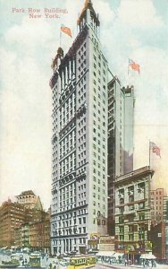 New York Park Row Building, Trolleys, People Litho Postcard