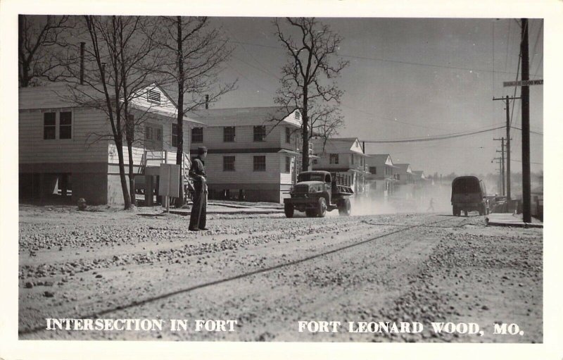 RPPC Real Photo, Intersection in Fort,Trucks, Ft Leonard Wood, Mo,Old Postcard