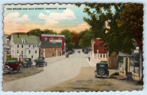 NEWPORT, Maine ME ~ New Bridge MAIN STREET Scene Handcolored 1933 Postcard
