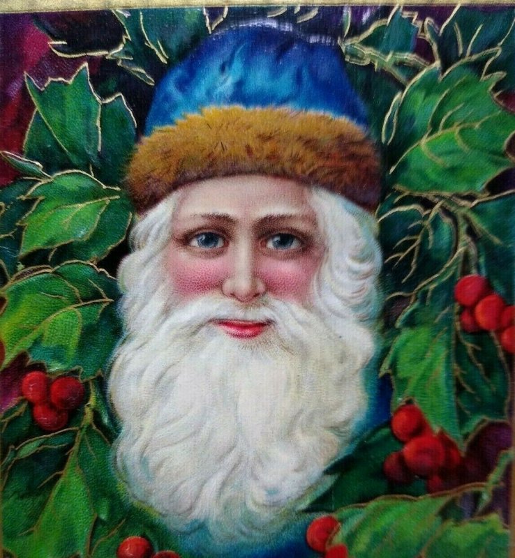 Christmas Postcard Santa Claus Blue Hat & Eyes Embossed Series 1480 Germany 1912 