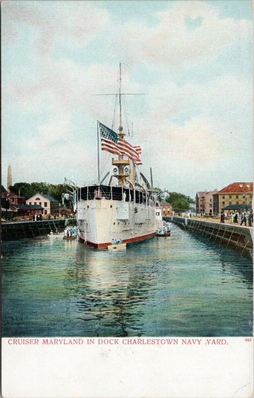 Charlestown MA Navy Yard Cruiser Maryland in Dock Unused Postcard F4