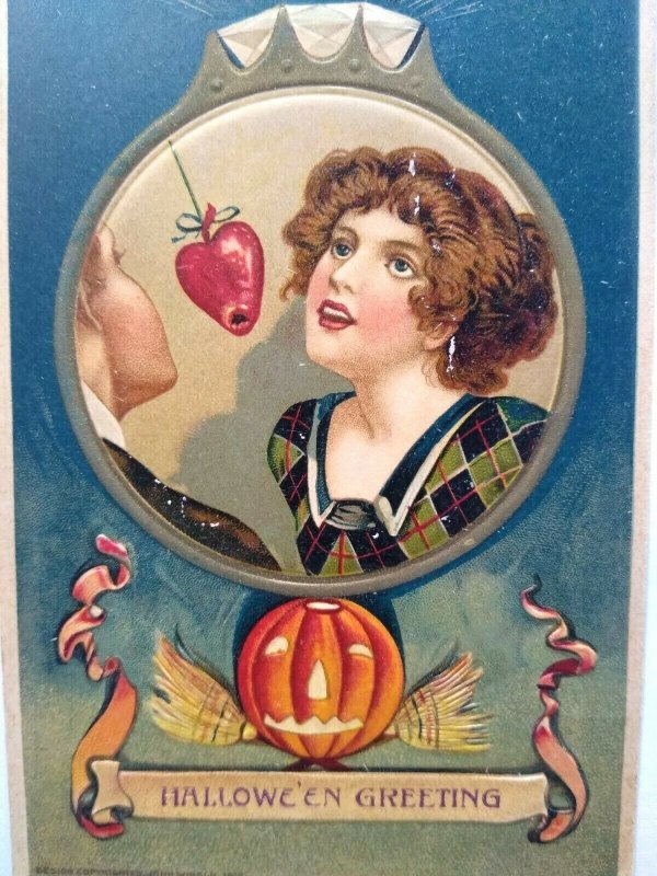 Original Halloween Postcard John Winsch Women Apple Heart Sycamore Kansas 1914 