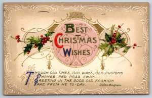 Best Christmas Wishes~Holly & Decorative Framing~PM 1911~Emb~Vtg Winsch Postcard