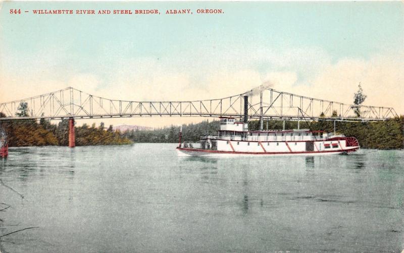 Albany Oregon~Willamette River & Steel Bridge~Pleasure Boat~c1910 Pc