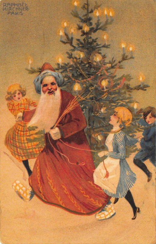 Raphael Kirchner Red Suited Santa Claus Christmas Tree Children Postcard