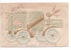 Bas Relief - Floral Tractor - Bird - Vintage 1910 Double Back Birthday Postcard