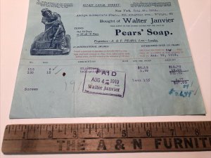 1919 PEARS' SOAP Walter Janvier 'You Dirty Boy' Pharmacy Canal NEW YORK Billhead