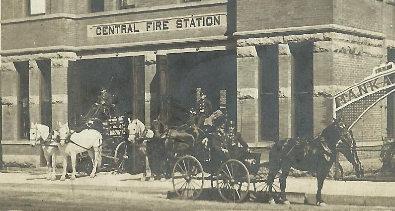 Mankato MINNESOTA RPPC 1910 FIREMEN Posing CENTRAL FIRE DEPARTMENT Fire Wagons