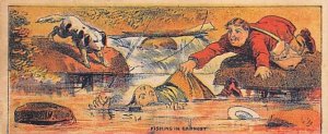 Approx. Size: 1.75 x 4.5 Fishing in earnest  Late 1800's Tradecard Non  