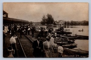 J95/ Lakeland Michigan RPPC Postcard c1910 Railroad Depot Crowd Boats 472