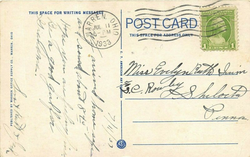 Warren Ohio 1933 Postcard Warren G. Harding High School