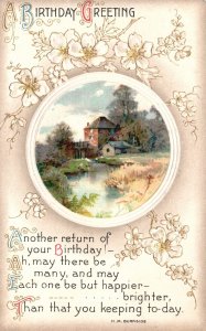 Vintage Postcard 1910 Happy Birthday Greetings Card Country Home Houses Steamer