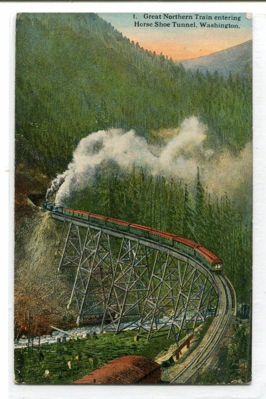 Great Northern Railroad Train Trestle Bridge Horse Shoe Tunnel WA 1910c postcard