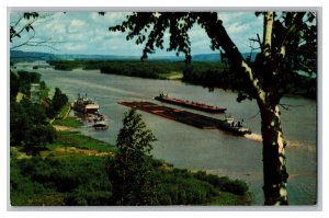 Postcard MS The Mighty Mississippi Barge Tugboats Paddle Wheeler