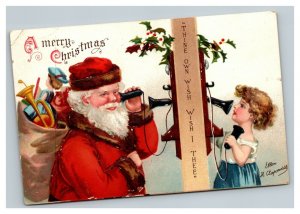 Vintage 1910's Ellen Clapsaddle Christmas Postcard Santa & Little Girl on Phone